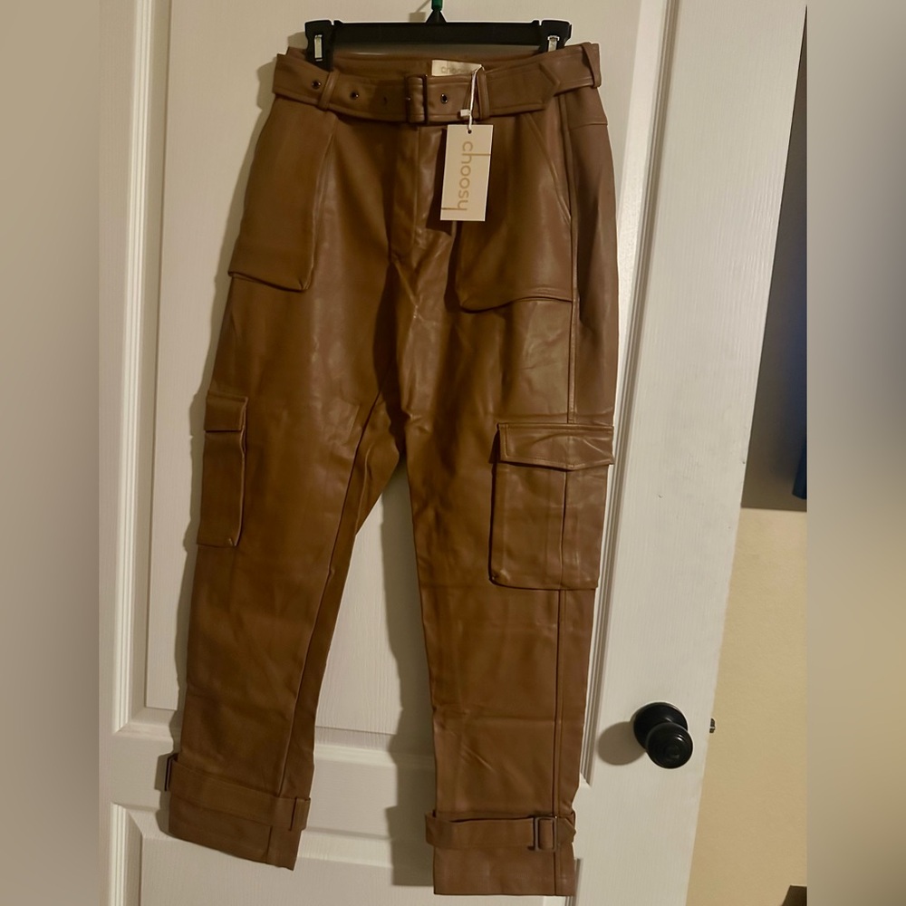 2/$50 NWT Choosy Tan Cropped Vegan Leather Belted Cargo Pants  ~multi sizes